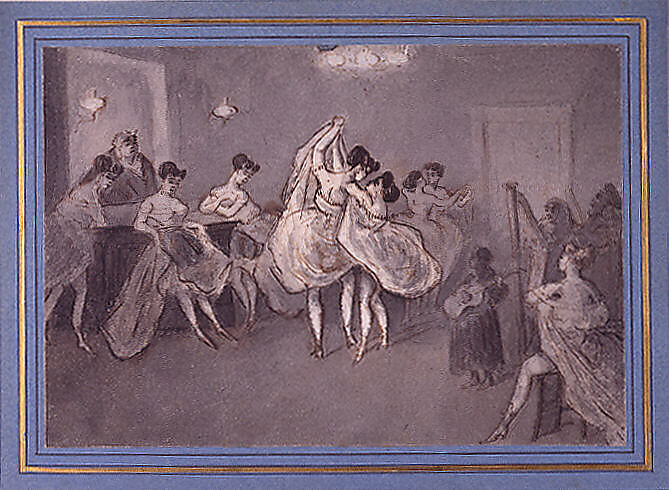 Women Dancing in a Brothel, Constantin Guys (French, Flushing 1802–1892 Paris), Brown ink and gray wash on off-white, heavy wove paper mounted on cardboard