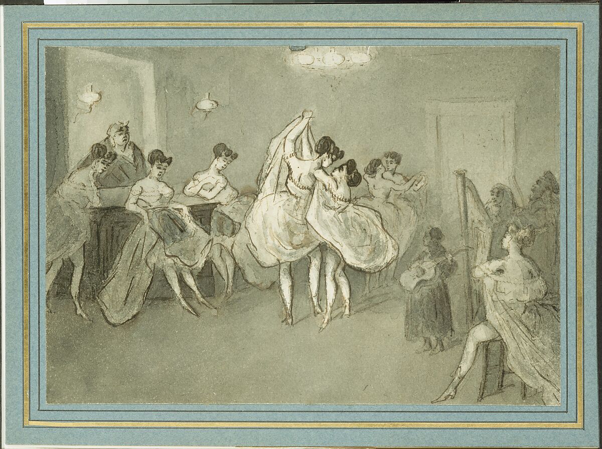 Women Dancing in a Brothel, Constantin Guys (French, Flushing 1802–1892 Paris), Brown ink and gray wash on off-white, heavy wove paper mounted on cardboard 