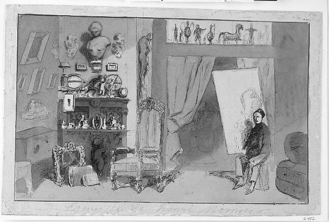 The Painter's Studio, Henry-Bonaventure Monnier (French, Paris 1799–1877 Paris), Pen and ink with colored washes over graphite, on heavy buff wove paper within a drawn ink border