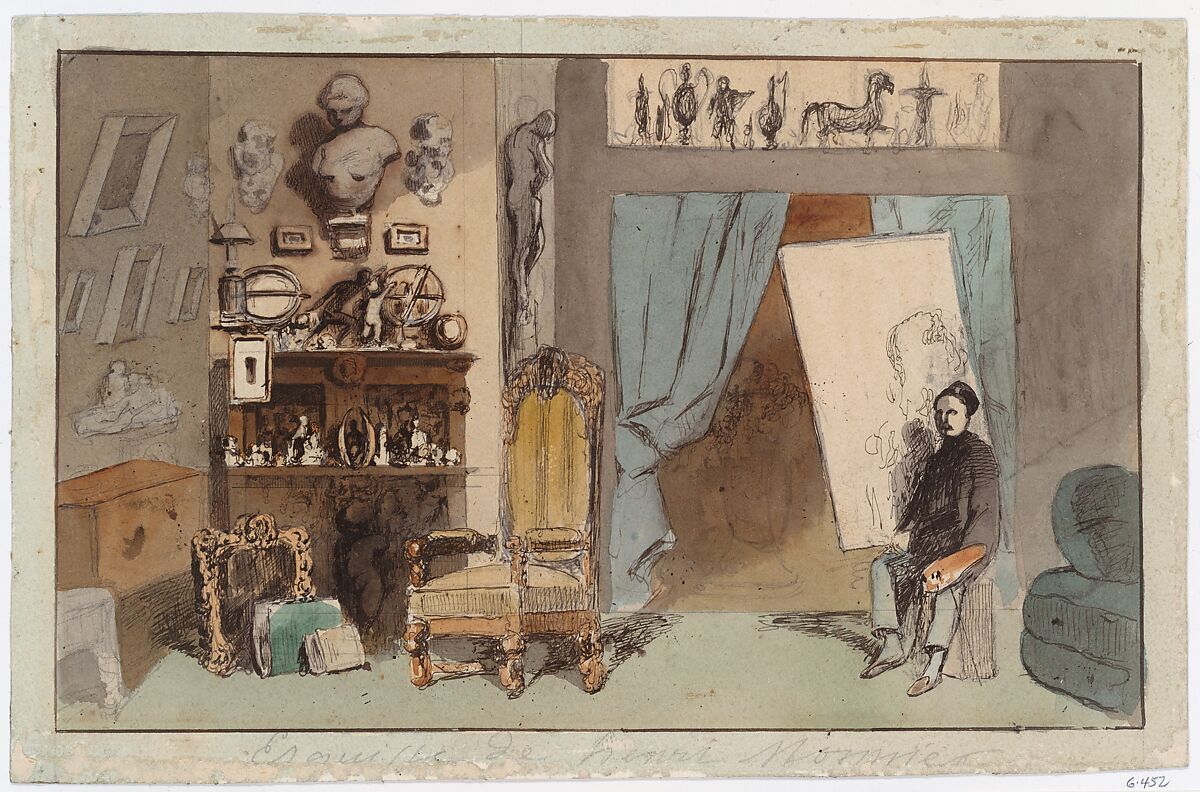 The Painter's Studio, Henry-Bonaventure Monnier (French, Paris 1799–1877 Paris), Pen and ink with colored washes over graphite, on heavy buff wove paper within a drawn ink border 
