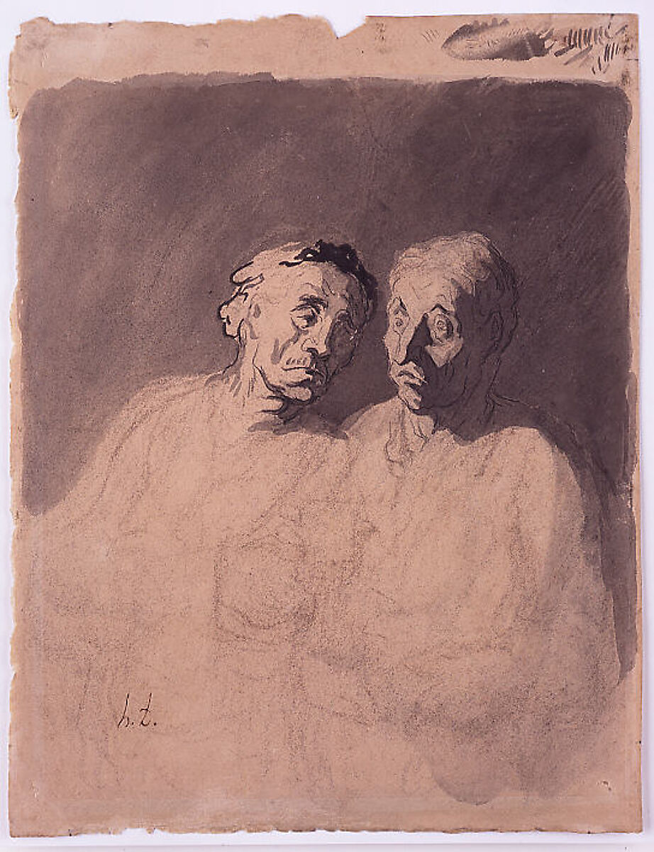 Two Drinkers, Honoré Daumier (French, Marseilles 1808–1879 Valmondois), Pen and ink with wash over charcoal on paper
