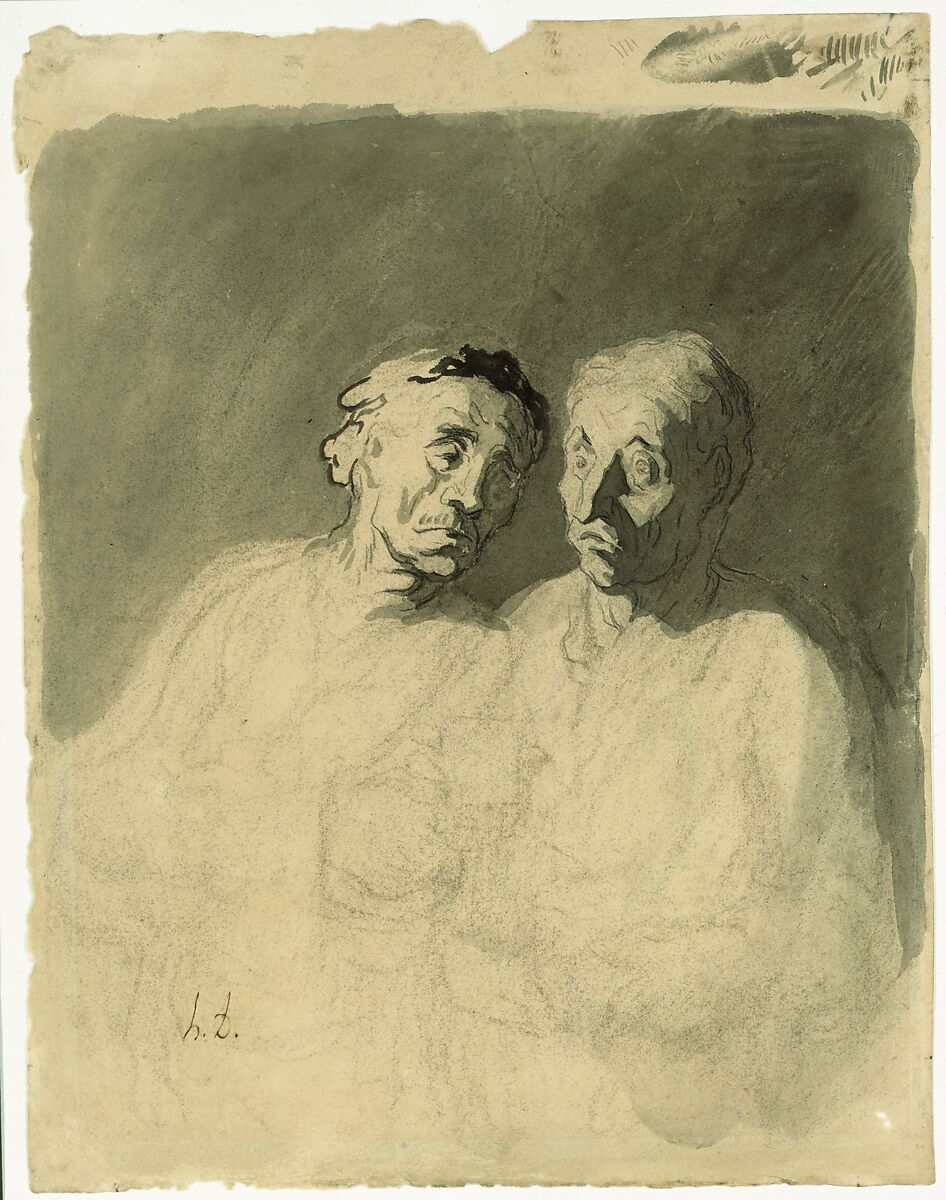 Two Drinkers, Honoré Daumier (French, Marseilles 1808–1879 Valmondois), Pen and ink with wash over charcoal on paper