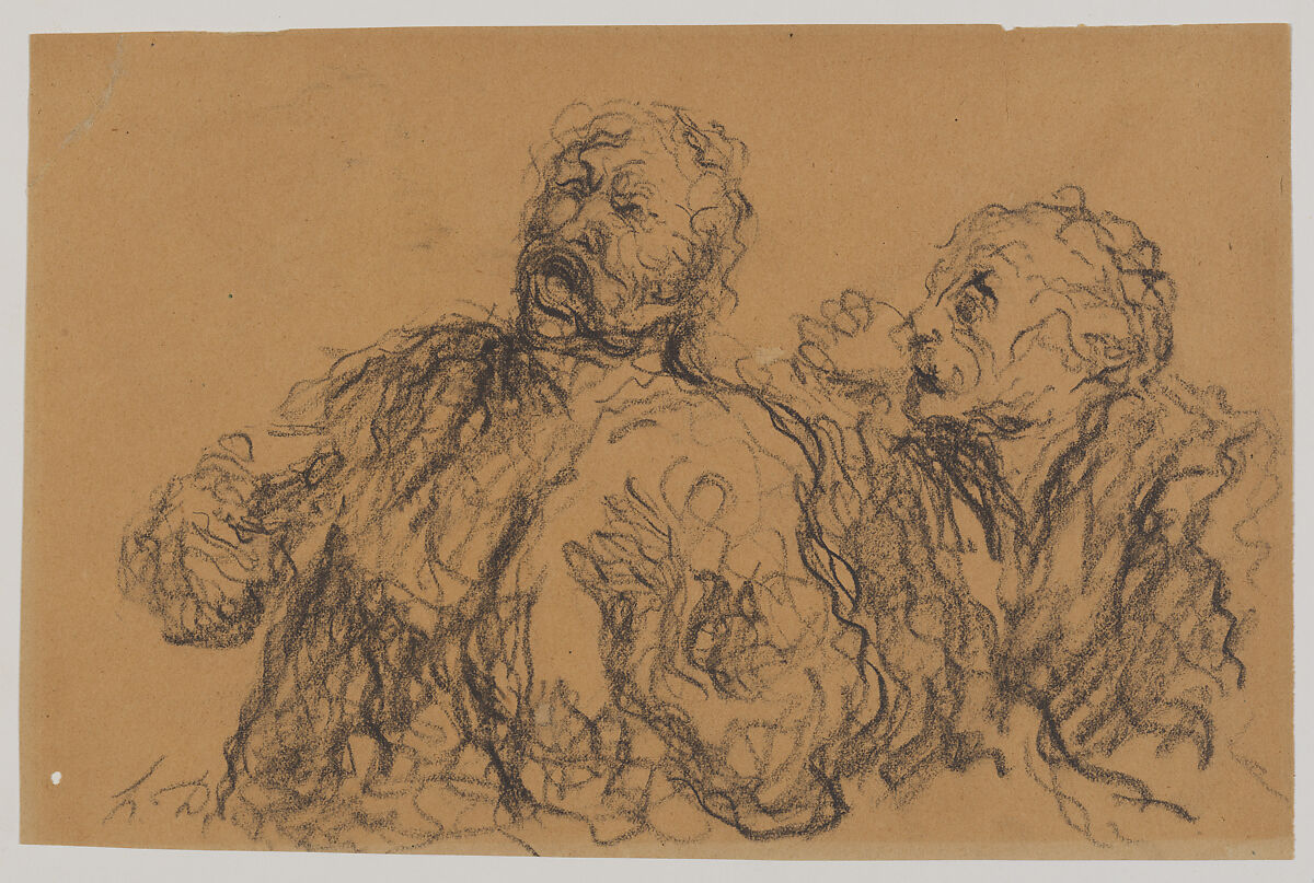 Two Drinkers, Honoré Daumier  French, Black chalk on tan wove paper