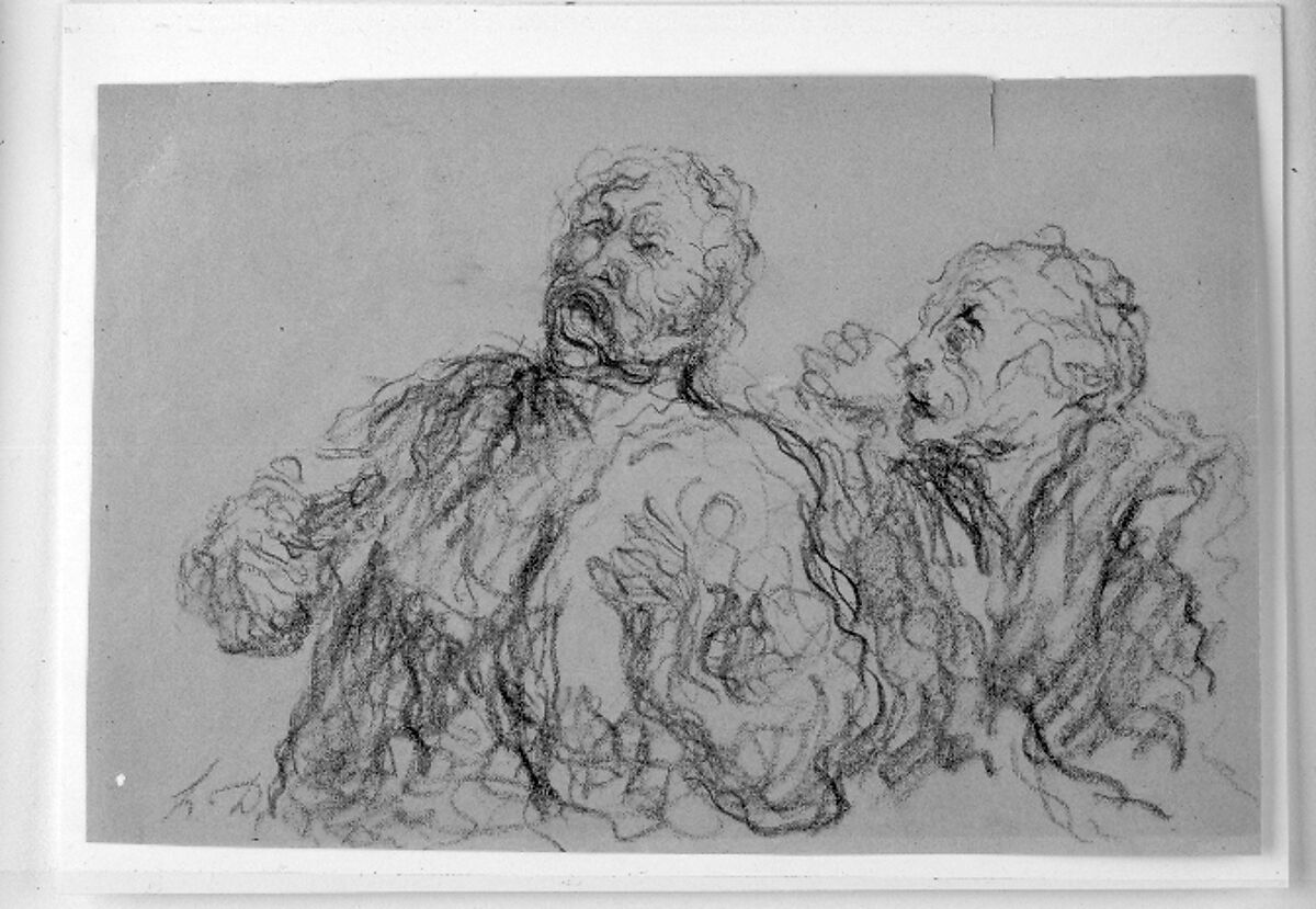 Two Drinkers, Attributed to Honoré Daumier (French, Marseilles 1808–1879 Valmondois), Black chalk on tan wove paper