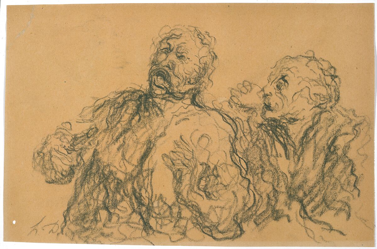 Two Drinkers, Attributed to Honoré Daumier (French, Marseilles 1808–1879 Valmondois), Black chalk on tan wove paper