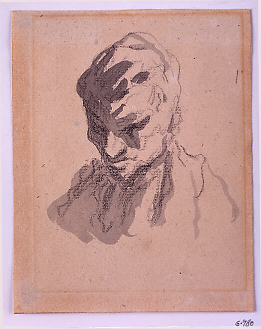 Head of a Man, Honoré Daumier (French, Marseilles 1808–1879 Valmondois), Charcoal and gray wash with graphite framing on light tan wove paper 