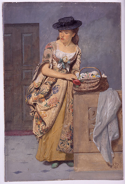 Costumed Woman with Vegetables, Monogrammist M (French, mid-19th century), Watercolor and gouache on cream laid paper 