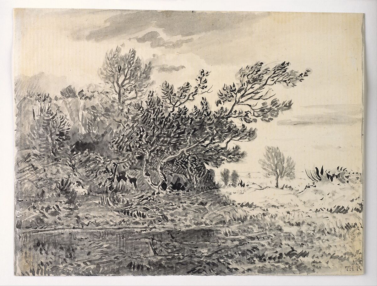 Landscape with a Pond, Théodore Rousseau (French, Paris 1812–1867 Barbizon), Black ink and gray wash on cream laid paper 