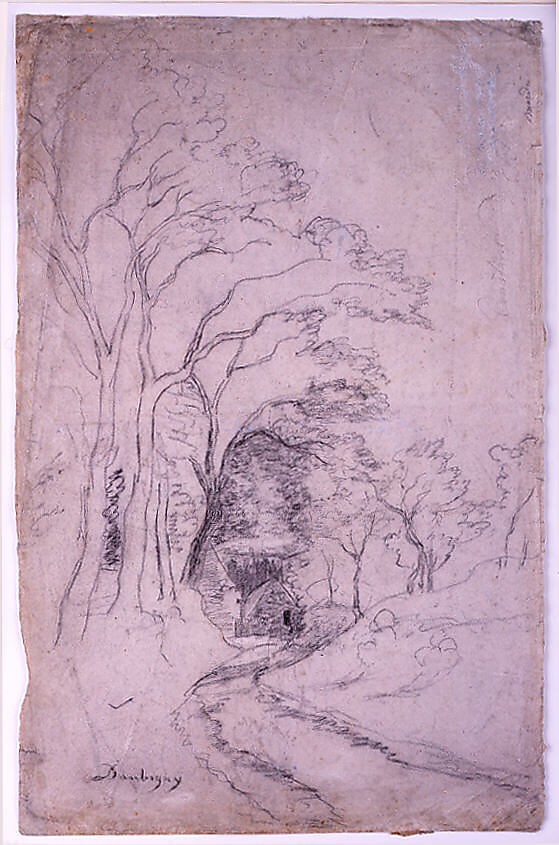 Country Road Landscape with Trees (recto); Landscape with Trees (verso), Charles-François Daubigny (French, Paris 1817–1878 Paris), Black chalk on pink-gray faded laid paper overlaid wth white wash, probably from a sketch pad.