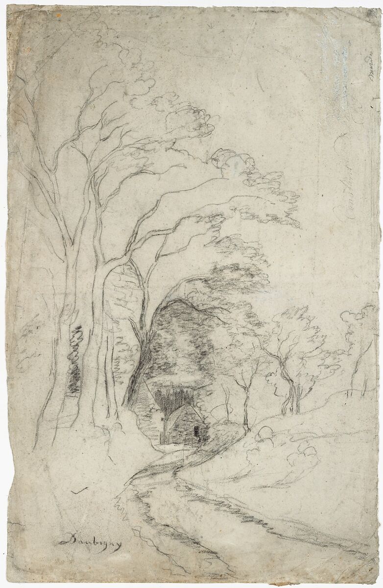 Country Road Landscape with Trees (recto); Landscape with Trees (verso), Charles-François Daubigny (French, Paris 1817–1878 Paris), Black chalk on pink-gray faded laid paper overlaid wth white wash, probably from a sketch pad. 