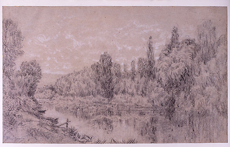 Landscape along a River, Charles-François Daubigny (French, Paris 1817–1878 Paris), Black and white chalk on papier bleute, faded to tan 