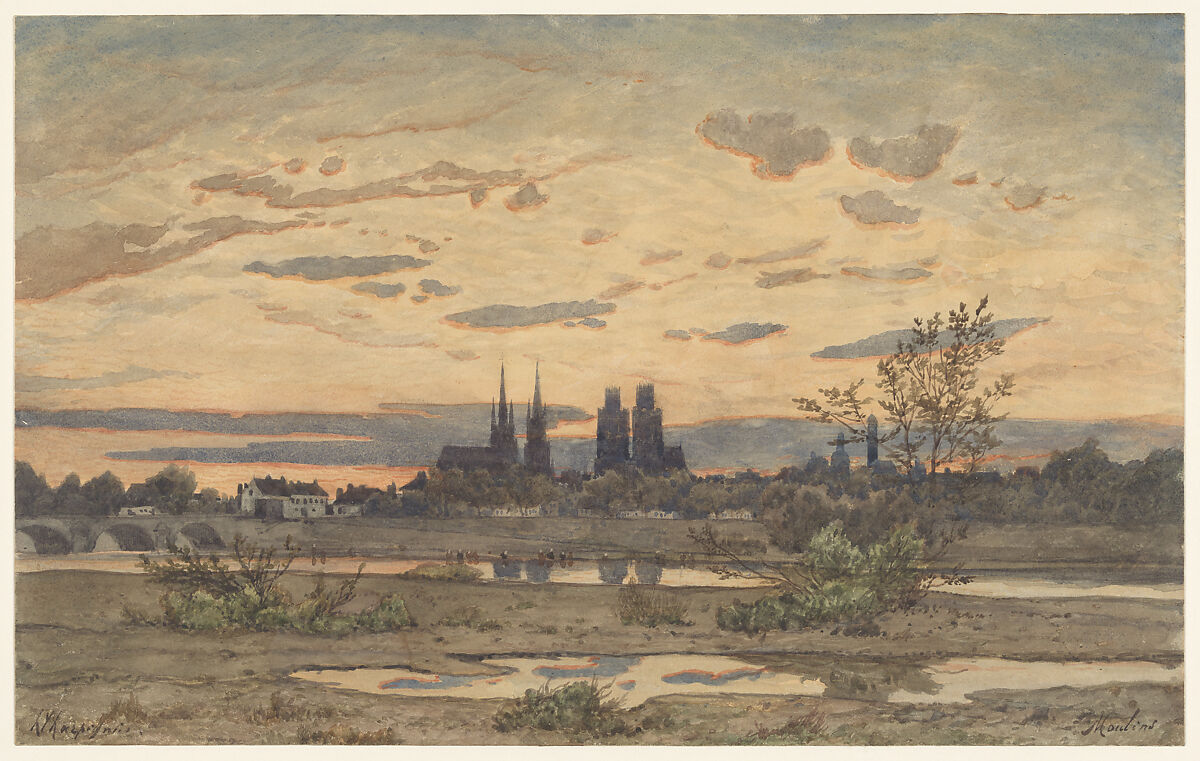 A View of Moulins, Henri-Joseph Harpignies (French, Valenciennes 1819–1916 Saint-Privé), Graphite and watercolor on heavy wove paper 