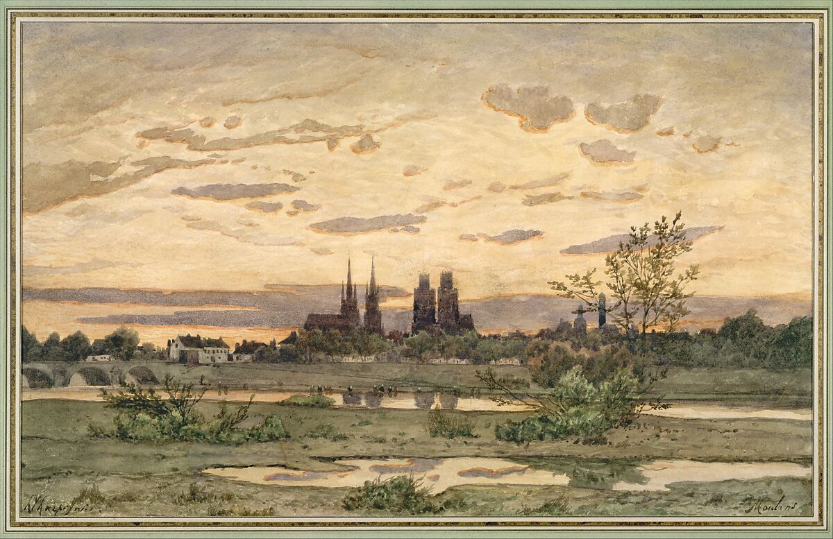 A View of Moulins, Henri-Joseph Harpignies (French, Valenciennes 1819–1916 Saint-Privé), Graphite and watercolor on heavy wove paper