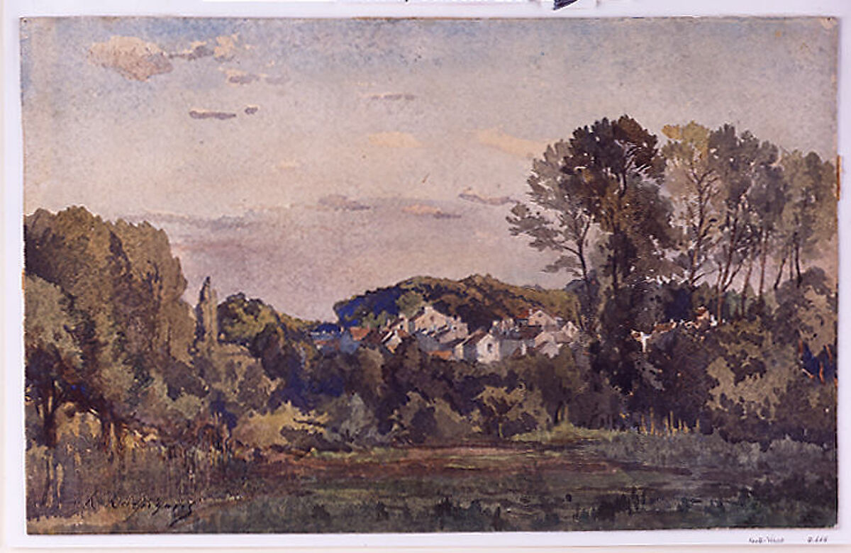 Landscape with a Distant Town (recto); Study of Trees around a Pond (verso), Henri-Joseph Harpignies (French, Valenciennes 1819–1916 Saint-Privé), watercolor over graphite on off-white heavy Bristol-board (recto); charcoal or black chalk (verso) 