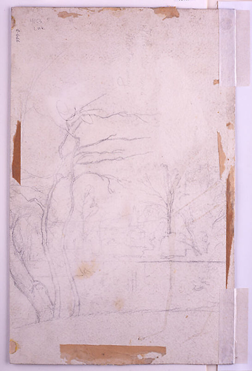 Landscape with a Distant Town (recto); Study of Trees around a Pond (verso), Henri-Joseph Harpignies (French, Valenciennes 1819–1916 Saint-Privé), watercolor over graphite on off-white heavy Bristol-board (recto); charcoal or black chalk (verso)