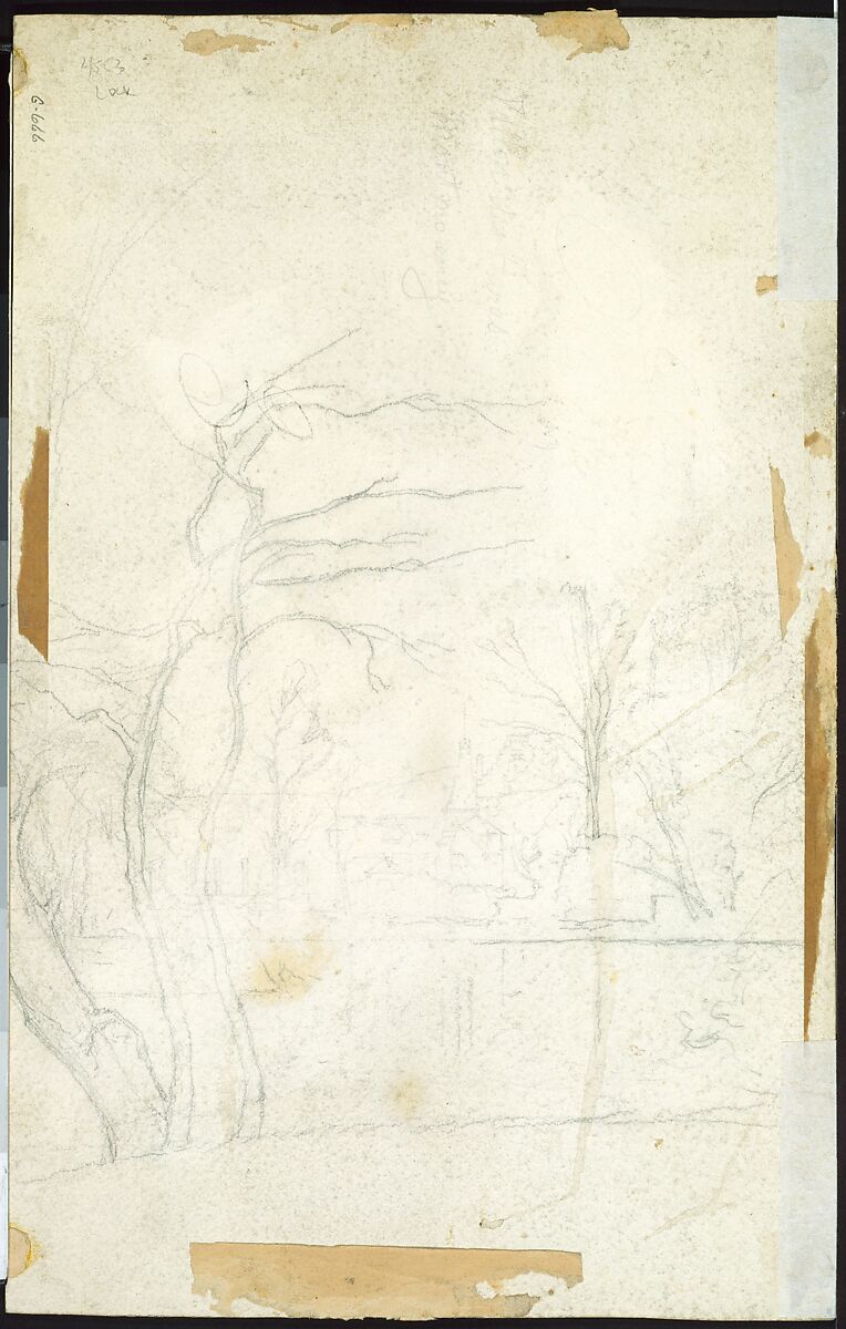 Landscape with a Distant Town (recto); Study of Trees around a Pond (verso), Henri-Joseph Harpignies (French, Valenciennes 1819–1916 Saint-Privé), watercolor over graphite on off-white heavy Bristol-board (recto); charcoal or black chalk (verso)