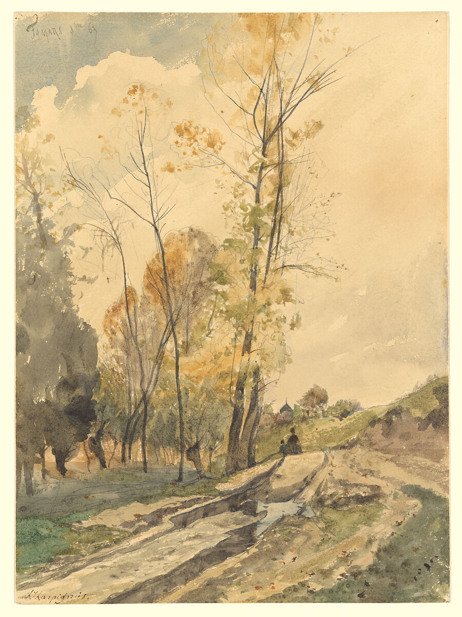 Landscape at Famars, Henri-Joseph Harpignies (French, Valenciennes 1819–1916 Saint-Privé), Watercolor over graphite on beige wove paper 