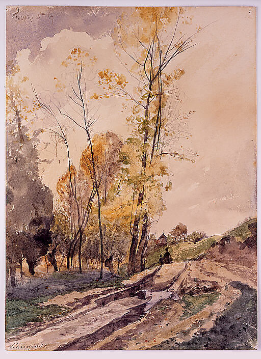Landscape at Famars, Henri-Joseph Harpignies (French, Valenciennes 1819–1916 Saint-Privé), Watercolor over graphite on beige wove paper