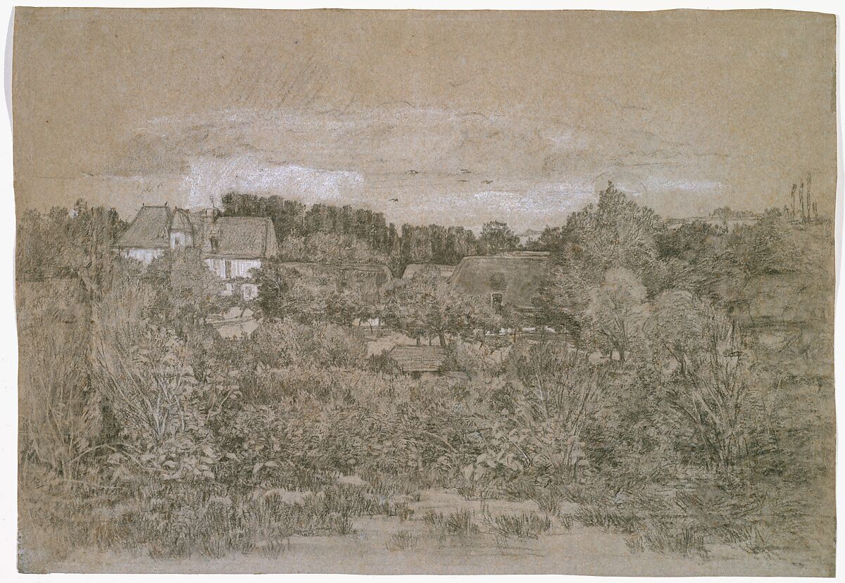 Landscape, Attributed to Eugène Boudin (French, Honfleur 1824–1898 Deauville), Black chalk on gray laid paper heightened with white chalk 