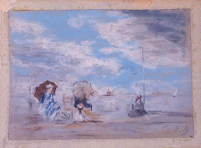 Beach Scene, Eugène Boudin (French, Honfleur 1824–1898 Deauville), Pastel on gray wove paper mounted on card 