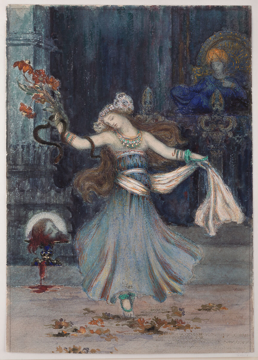 Salomé Dancing Before the Head of St. John the Baptist, After? Gustave Moreau (French, Paris 1826–1898 Paris), Graphite, watercolor and gouache on cream wove paper