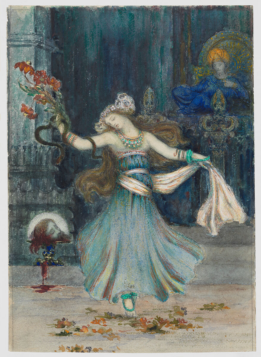 Salomé Dancing Before the Head of St. John the Baptist, After? Gustave Moreau (French, Paris 1826–1898 Paris), Graphite, watercolor and gouache on cream wove paper 