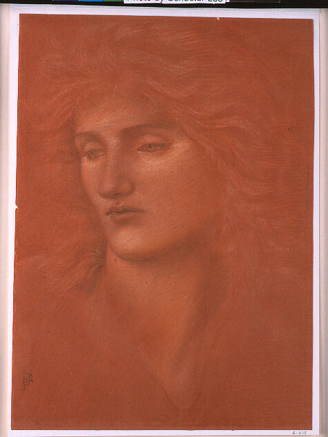 Study of a Female Head, Sir Edward Burne-Jones (British, Birmingham 1833–1898 Fulham), Yellow, red, and green pastel with fabricated black crayon on red paper 