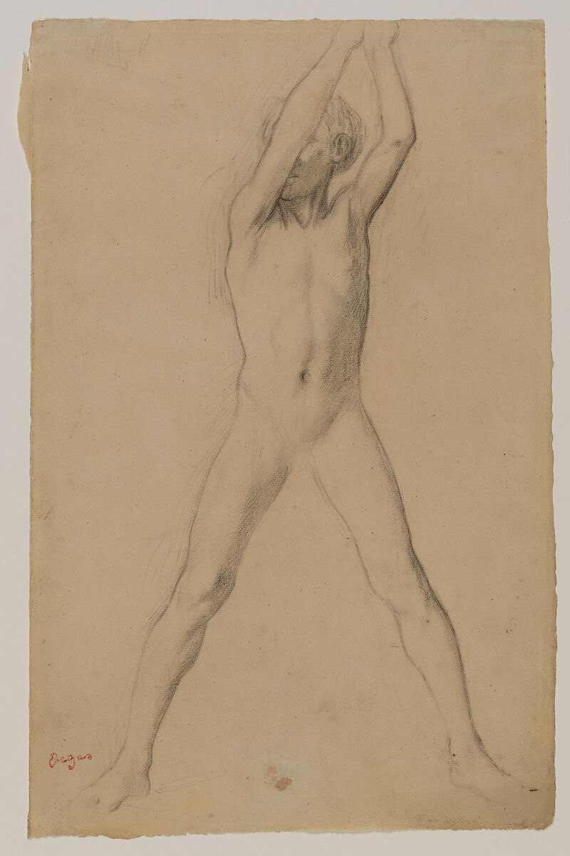 Youth with Arms Upraised, Edgar Degas (French, Paris 1834–1917 Paris), Black chalk over pencil on fine beige paper 