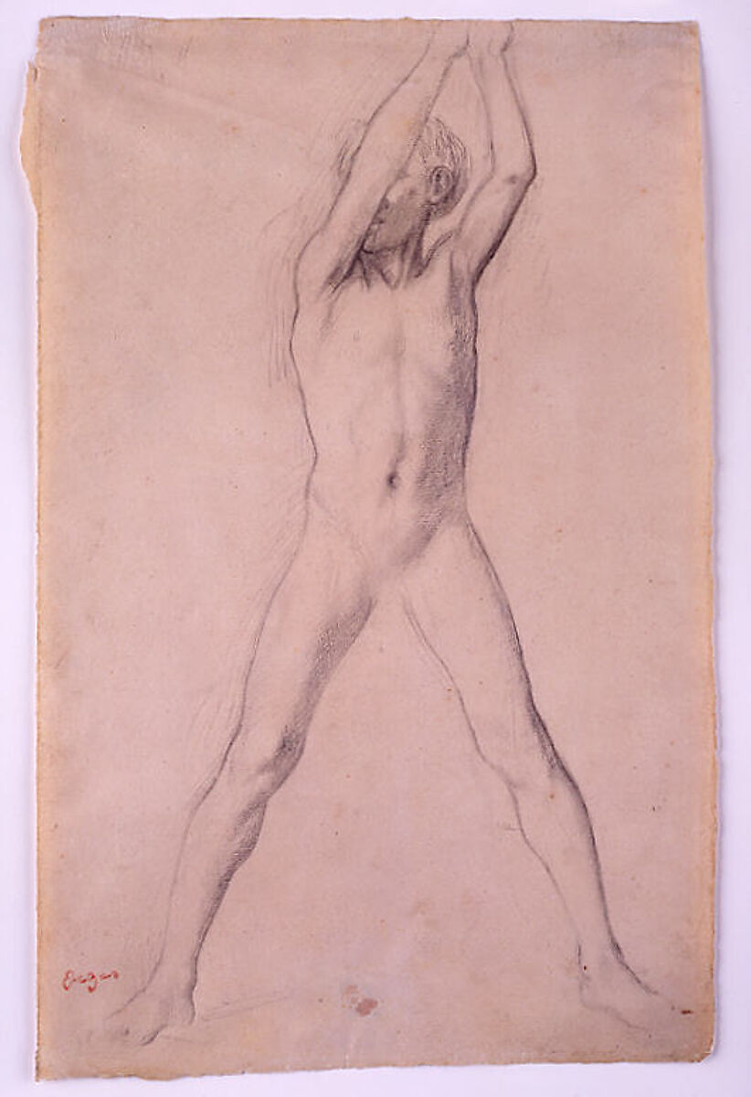 Youth with Arms Upraised, Edgar Degas (French, Paris 1834–1917 Paris), Black chalk over pencil on fine beige paper