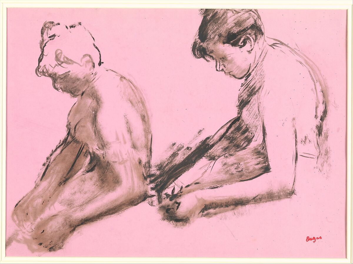 Study of a Ballet Dancer (recto); Two Studies of Dancers (verso), Edgar Degas (French, Paris 1834–1917 Paris), Oil with opaque watercolor on prepared pink paper (recto); oil on prepared pink paper (verso)