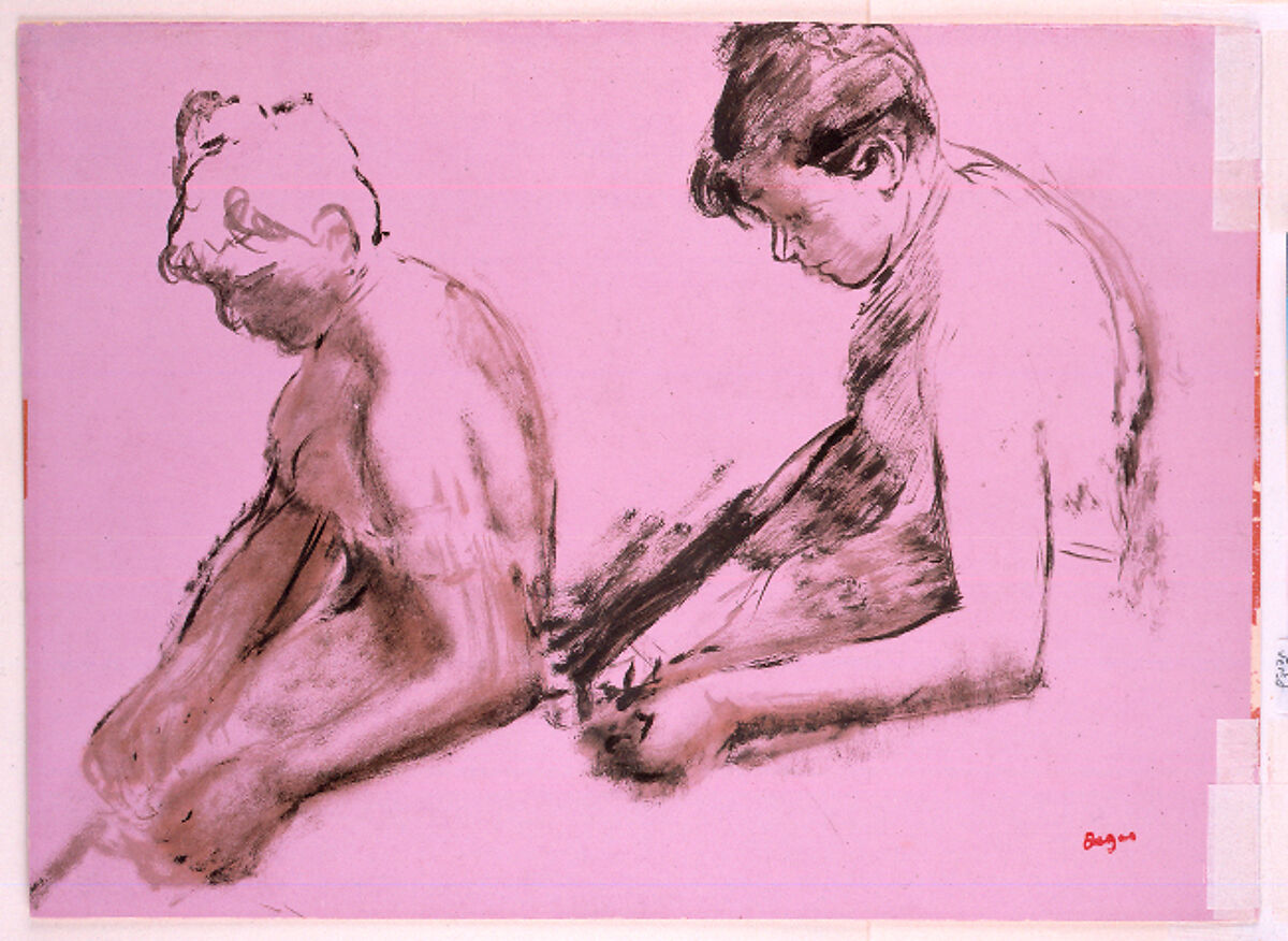 Study of a Ballet Dancer (recto); Two Studies of Dancers (verso), Edgar Degas (French, Paris 1834–1917 Paris), Oil with opaque watercolor on prepared pink paper (recto); oil on prepared pink paper (verso)