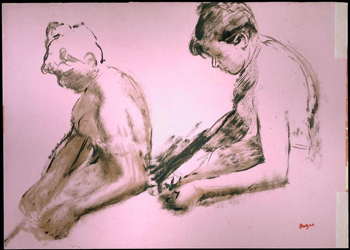 Study of a Ballet Dancer (recto); Two Studies of Dancers (verso), Edgar Degas (French, Paris 1834–1917 Paris), Oil with opaque watercolor on prepared pink paper (recto); oil on prepared pink paper (verso)