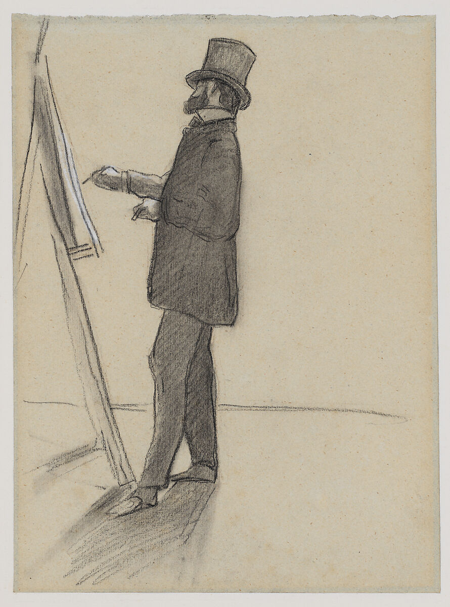 Manet and his Easel, Jean-Frédéric Bazille (French, Montpellier 1841–1870 Beaune-la-Rolande), Charcoal, white chalk on blue laid paper faded to yellow-gray 