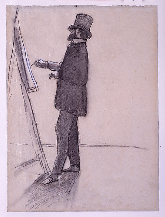 Manet and his Easel, Jean-Frédéric Bazille (French, Montpellier 1841–1870 Beaune-la-Rolande), Charcoal, white chalk on blue laid paper faded to yellow-gray