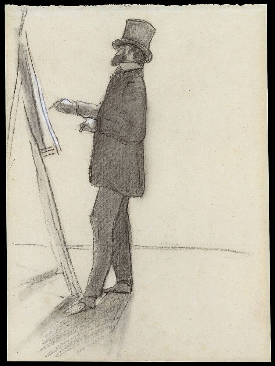 Manet and his Easel, Jean-Frédéric Bazille (French, Montpellier 1841–1870 Beaune-la-Rolande), Charcoal, white chalk on blue laid paper faded to yellow-gray