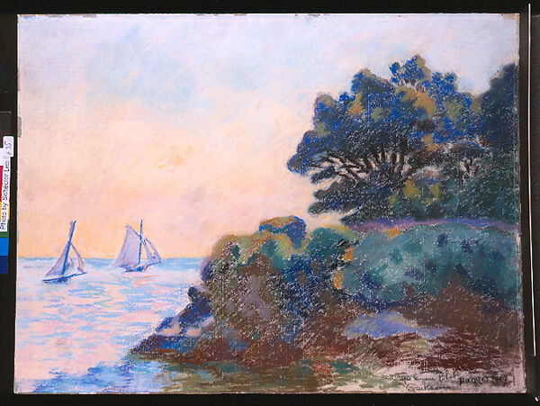 Landscape with Two Sailing Boats, Armand Guillaumin (French, Paris 1841–1927 Orly), Pastel on paper, mounted on cardboard 