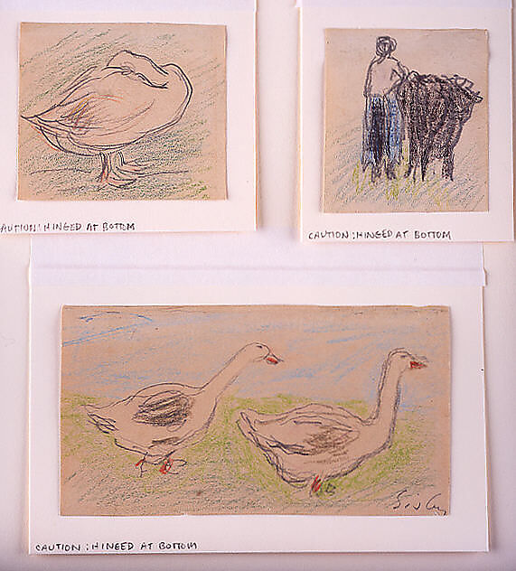 Three Sketches-Two Geese Walking; Peasant Woman with a Cow; Goose Hiding its Head, Alfred Sisley (British, Paris 1839–1899 Moret-sur-Loing), Three separate sheets of varying sizes, with the same mediums and supports: graphite and colored crayon on buff wove paper, darkened