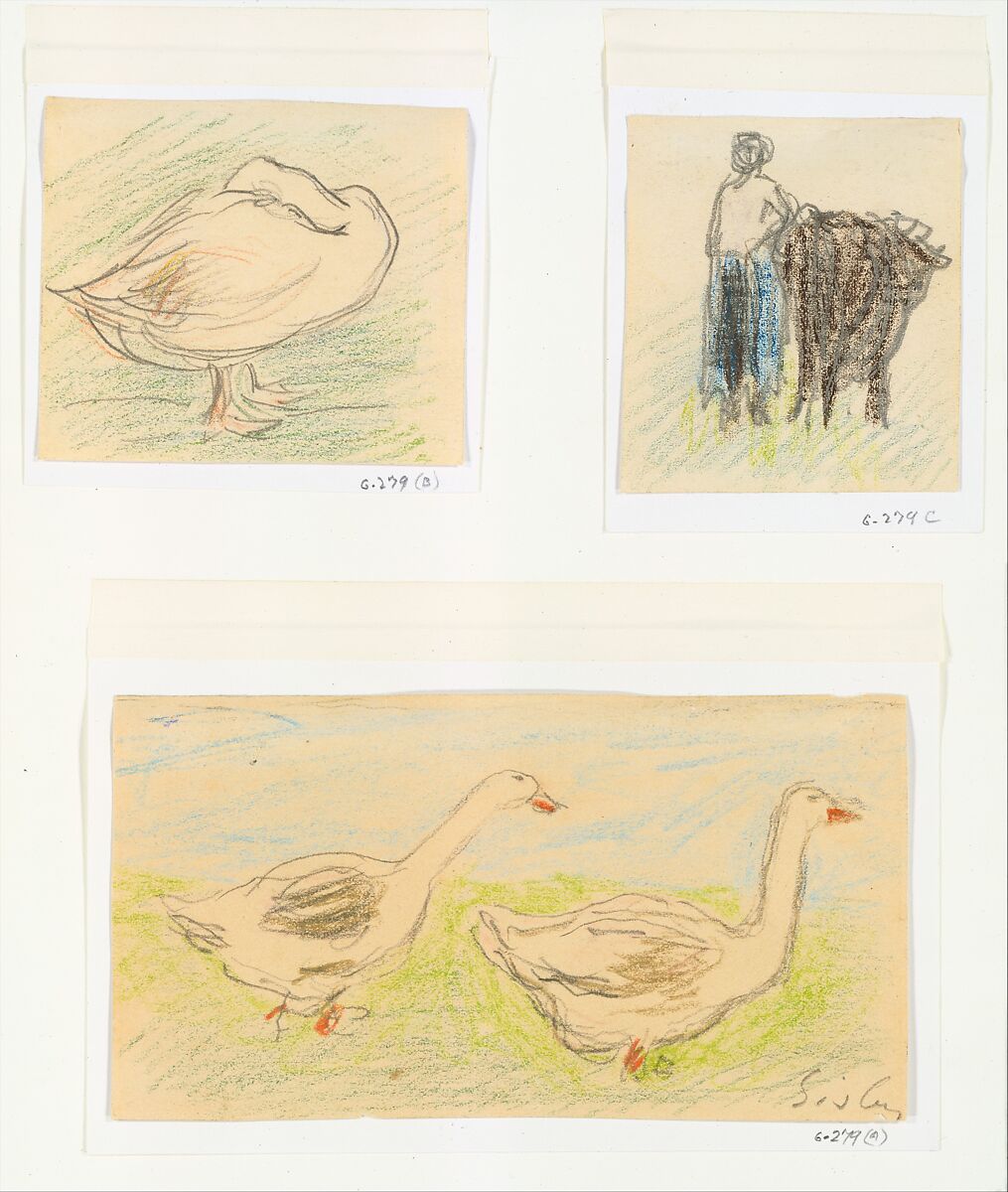 Three Sketches-Two Geese Walking; Peasant Woman with a Cow; Goose Hiding its Head, Alfred Sisley (British, Paris 1839–1899 Moret-sur-Loing), Three separate sheets of varying sizes, with the same mediums and supports: graphite and colored crayon on buff wove paper, darkened 