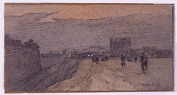 Landscape with Road Approaching the City, Jean-François Raffaëlli (French, Paris 1850–1924 Paris), Charcoal, orange chalk, and gray wash with white gouache highlights on papier bleuté, mounted on stiff cardboard with all borders gilded 