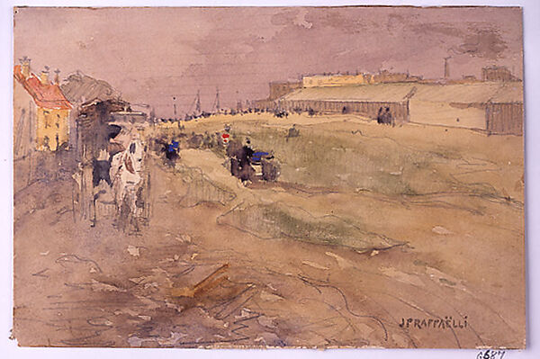 Suburban Landscape (Scene with Horse and Carriage), Jean-François Raffaëlli (French, Paris 1850–1924 Paris), Graphite, watercolor, and gouache on buff, heavy wove paper 