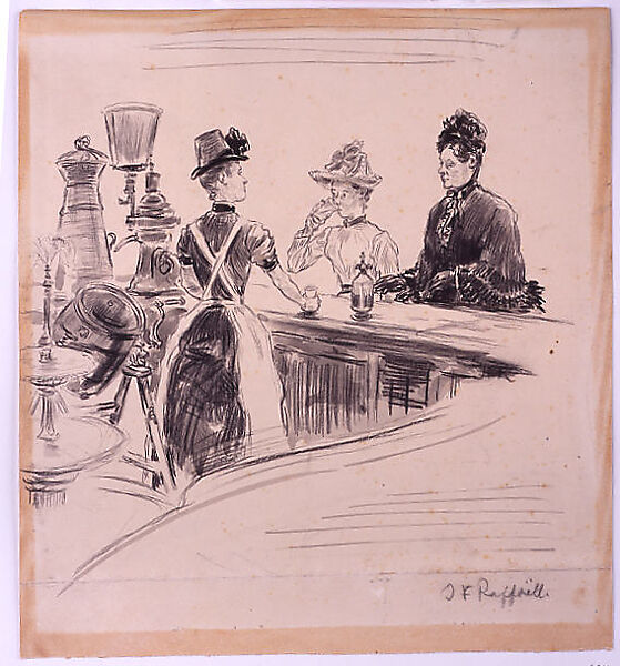 Women at the Counter, Jean-François Raffaëlli (French, Paris 1850–1924 Paris), Graphite, black crayon, and gray wash on buff wove paper 