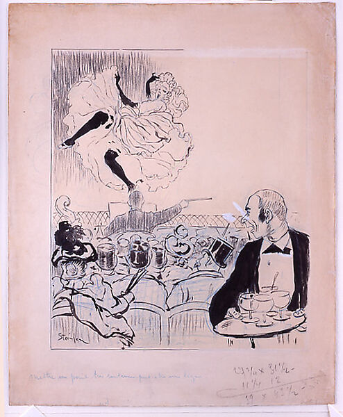 Dancer at a Café Concert, Théophile-Alexandre Steinlen (French (born Switzerland), Lausanne 1859–1923 Paris), Black ink over blue and black crayon with white lead used for correction and blue crayon and black ink border on off-white wove paper, darkened,  mounted on board, and affixed to heavy board