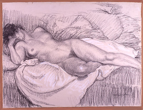 Nude Asleep, Théophile-Alexandre Steinlen (French (born Switzerland), Lausanne 1859–1923 Paris), Charcoal with white chalk highlights on off-white laid paper mounted on Masonite 