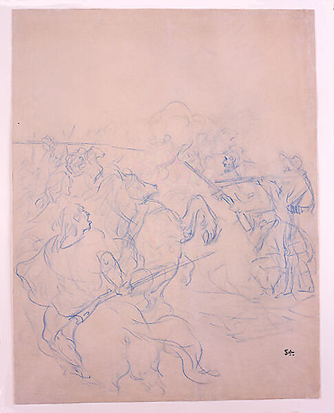 Sketch of Two Groups Fighting, Théophile-Alexandre Steinlen (French (born Switzerland), Lausanne 1859–1923 Paris), Blue crayon on buff wove paper, impressed with woven texture 