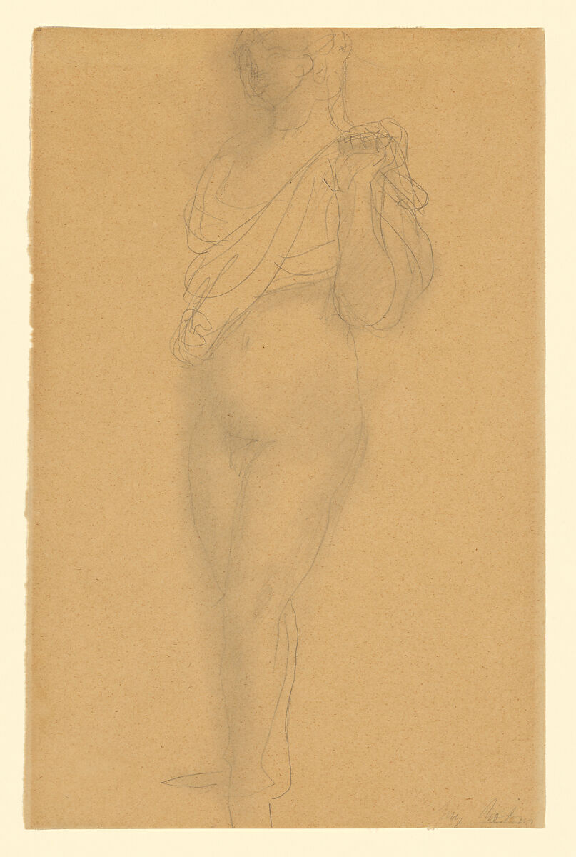 Study of a Nude with Drapery, Auguste Rodin (French, Paris 1840–1917 Meudon), Pencil and bistre on buff wove paper, darkened, with left margin and bottom right torn 