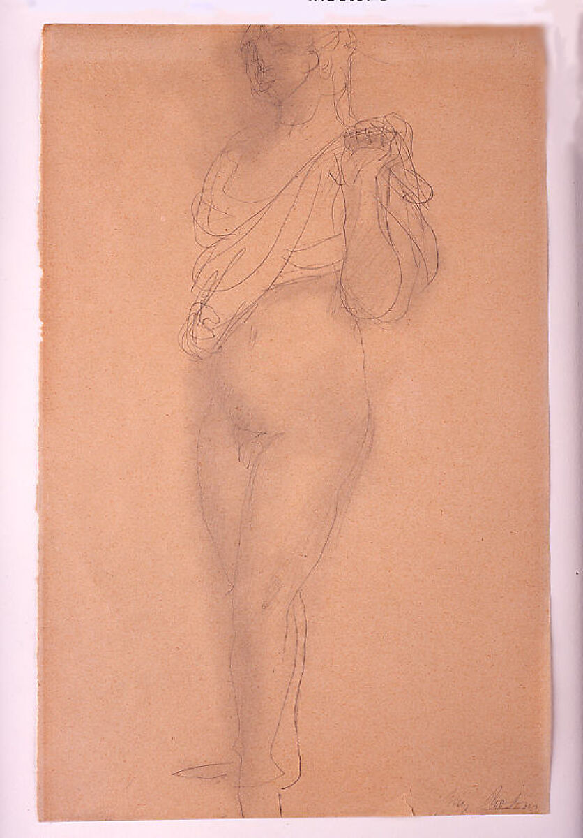 Study of a Nude with Drapery, Auguste Rodin (French, Paris 1840–1917 Meudon), Pencil and bistre on buff wove paper, darkened, with left margin and bottom right torn