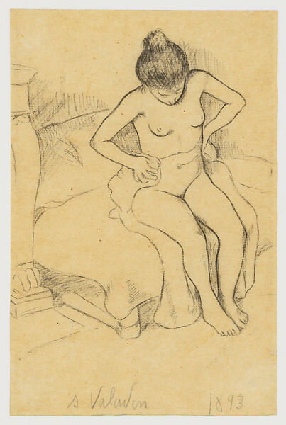 After the Bath, Suzanne Valadon (French, Bessines-sur-Gartempe 1865–1938 Paris), Black crayon on tan wove paper (possibly lithograph transfer paper), back with white rice paper for conservation 