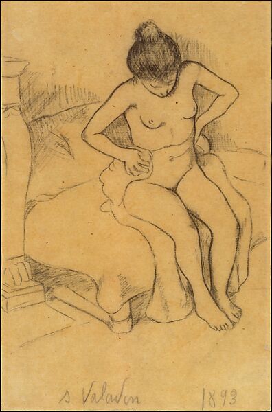 After the Bath, Suzanne Valadon (French, Bessines-sur-Gartempe 1865–1938 Paris), Black crayon on tan wove paper (possibly lithograph transfer paper), back with white rice paper for conservation