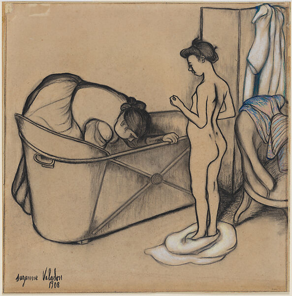 Before the Bath, Suzanne Valadon (French, Bessines-sur-Gartempe 1865–1938 Paris), Charcoal, colored and white chalk, with linear charcoal border on all edges, on dark buff wove paper mounted on board 