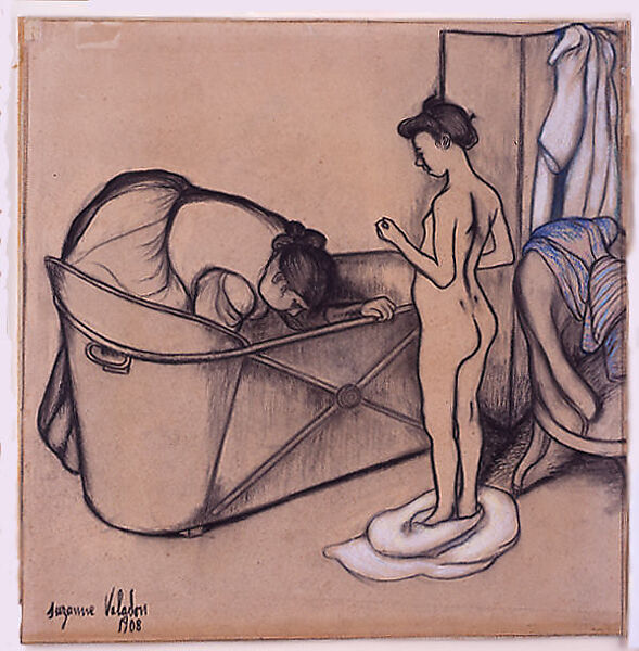 Before the Bath, Suzanne Valadon (French, Bessines-sur-Gartempe 1865–1938 Paris), Charcoal, colored and white chalk, with linear charcoal border on all edges, on dark buff wove paper mounted on board